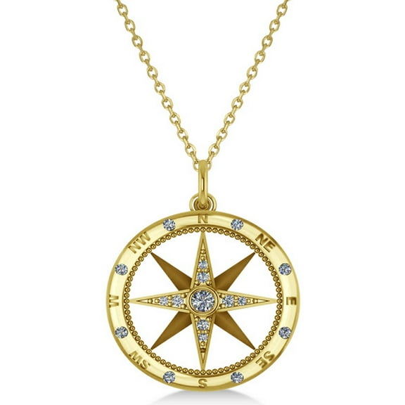 Compass Necklace Pendant Diamond Accented 14k Yellow Gold (0.19ct)