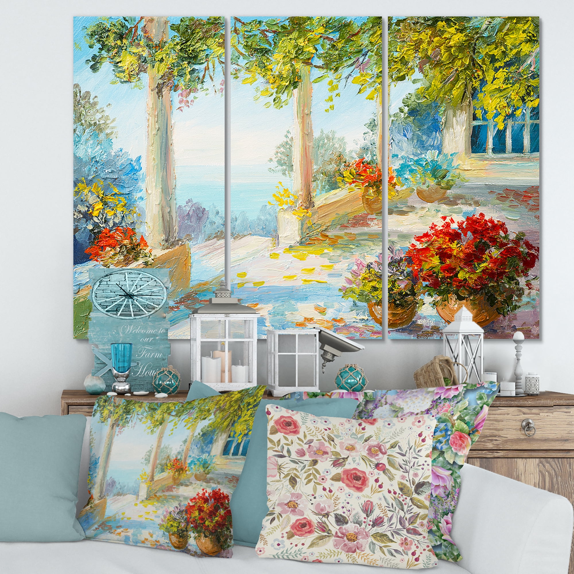 Designart ' Terrace With Red Flowers Near The Sea ' Nautical & Coastal Canvas Wall Art Print
