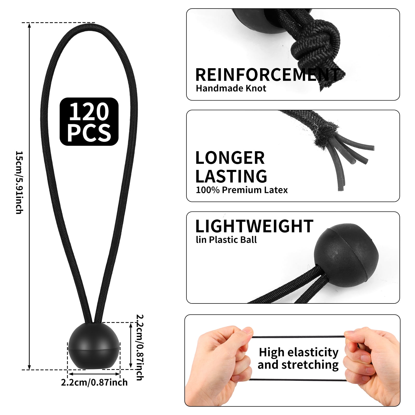 Tarp Ball Bungee Cord 6 Inch 120 PCS Bungee Tie High Elasticity Canopy Tarp Tie Down Ball for Camping Shelter Cargo Tent Pole Sun Resistant