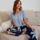 thumbnail image 5 of Pijama informal de seda de algodón con contraste de color de verano para mujer, traje fino, ropa para el hogar de color sólido y flores múltiples, 5 of 5