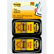 Post-it Message Flags, "Sign Here", Yellow, 1 in. Wide, 50/Dispenser, 2 Dispensers/Pack