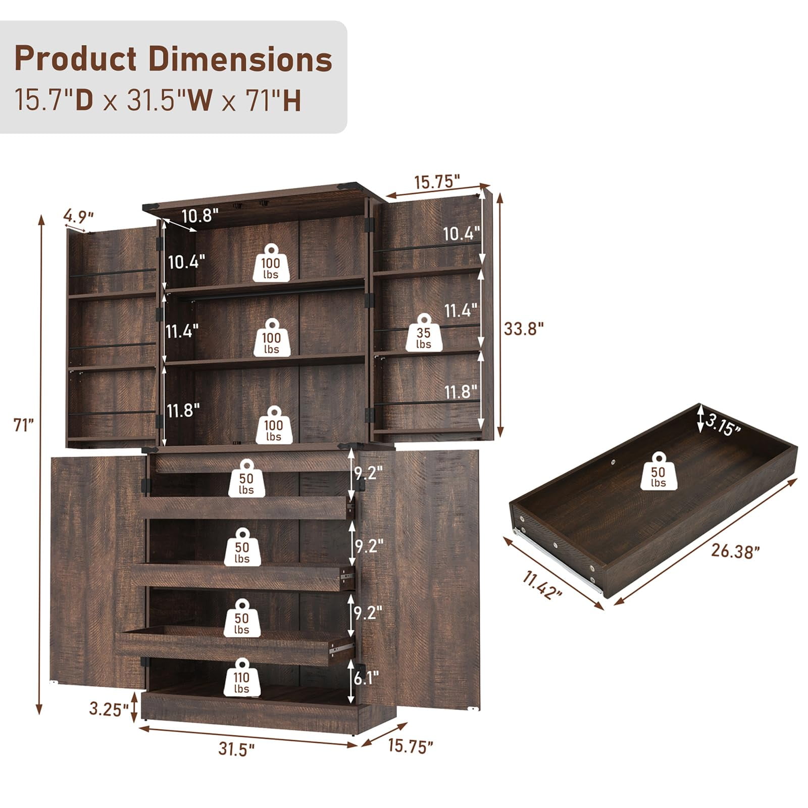 ChVans Farmhouse 71" Tall Kitchen Pantry with 6 Hanging Shelves, 4 Barn Doors Pantry Storage Cabinet with 3 Drawers & Load-Bearing Steel Pipe for Kitchen, Dining Room, Living Room, Rustic Brown