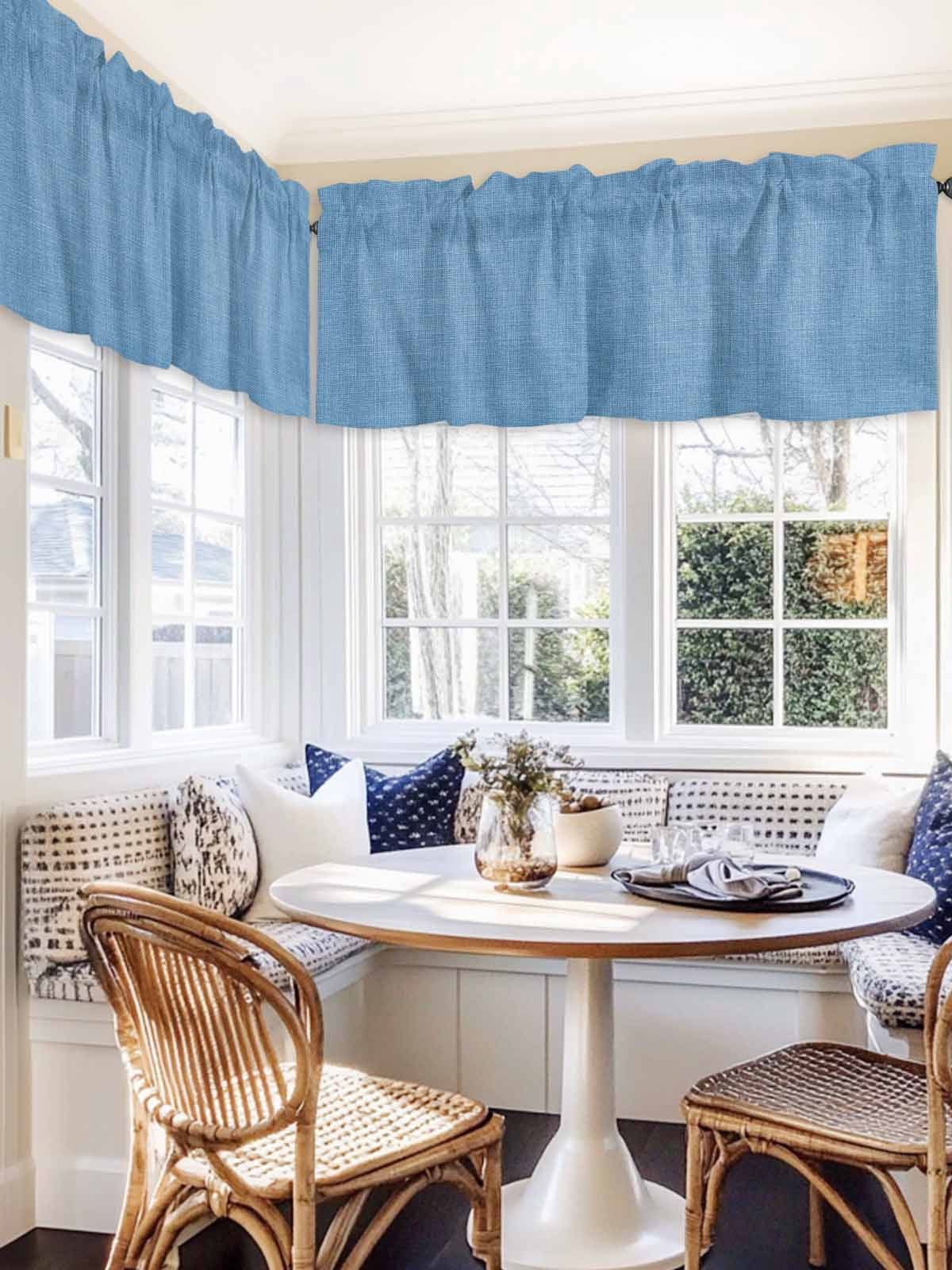 2 Panels Blue Valance for Windows, Farmhouse Burlap Solid Blue Color Modern Linen Texture Light Filtering Kitchen Curtains, Rod Pocket Window Treatment Curtain Valances for Living Room, 42"x12"
