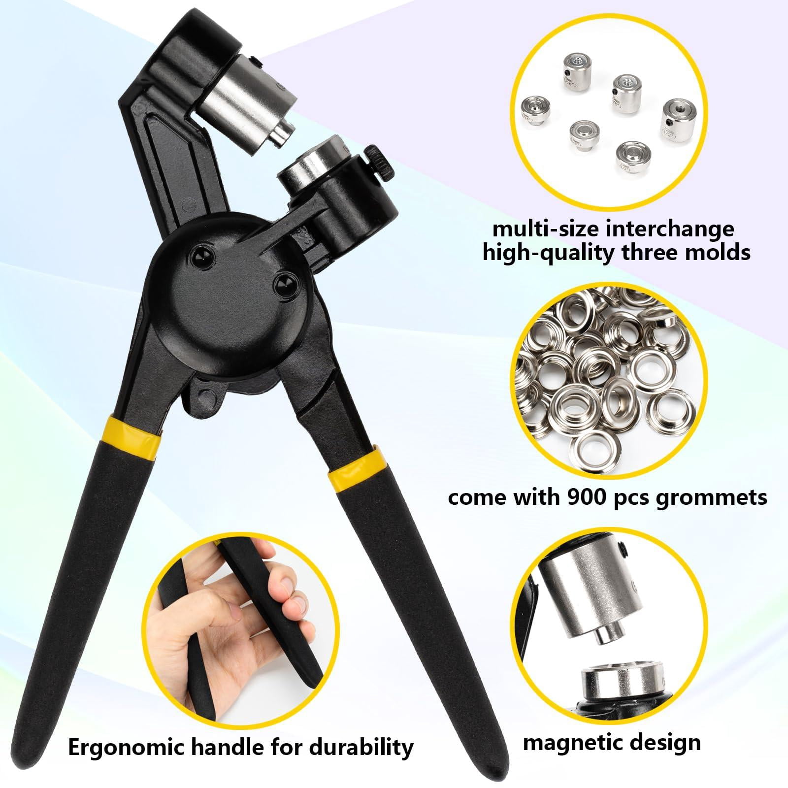 Heavy Duty Grommet Tool Kit Of 1/2" 5/16" And 3/8" Multi Size Handheld Eyelet Plier Rivet Press With 900 Grommets For Tarp Leather Fabric
