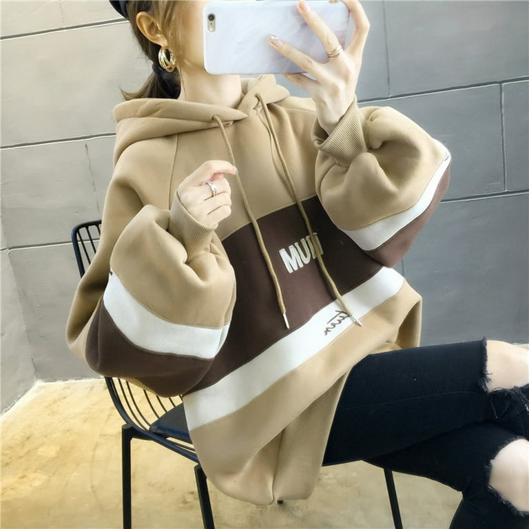 Ladies Thick Loose Stitching Letters Long Sleeve Drawstring Hooded Sweater Top Casual Hooded PulloverCoffee M