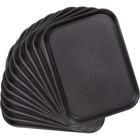 

12 Pack Fast Food Cafeteria Tray | Twelve 12 x 16 Rectangular Textured Plastic Food Serving TV Tray Multipack | School Lunch Diner & Kitchen Restaurant Equipment (Black)