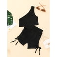 thumbnail image 3 of goowrom Toddler Kid Girl Casual Outfits Sets, Solid Color Oblique Shoulder Crop Tops with Elastic Waist Side Ruched Drawstring Shorts, 3 of 9