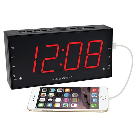 1.8 inch RED LED display Alarm Clock Radio with USB charging & Audio input_ DC Battery Backup_ Dual Alarm_ 3.5mm AUX cable (Best Clock Radio With Aux Input)