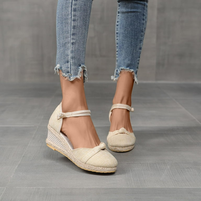 Anuirheih Closed Toe Wedges for Women, Summer Shoes Ankle Buckle Strap  Sandals Mid Low Heel Canvas Dress Sandals(Black