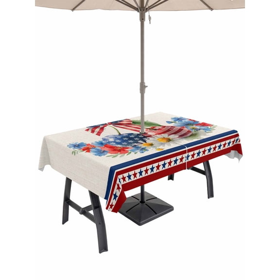 Outdoor Tablecloth with Umbrella Hole for Patio/Picnic/Party/Camping, 4th of July Waterproof Table Cloth Rectangle Table Cover Washable, Rustic Floral Blue Red Independence Day (52"x 70")