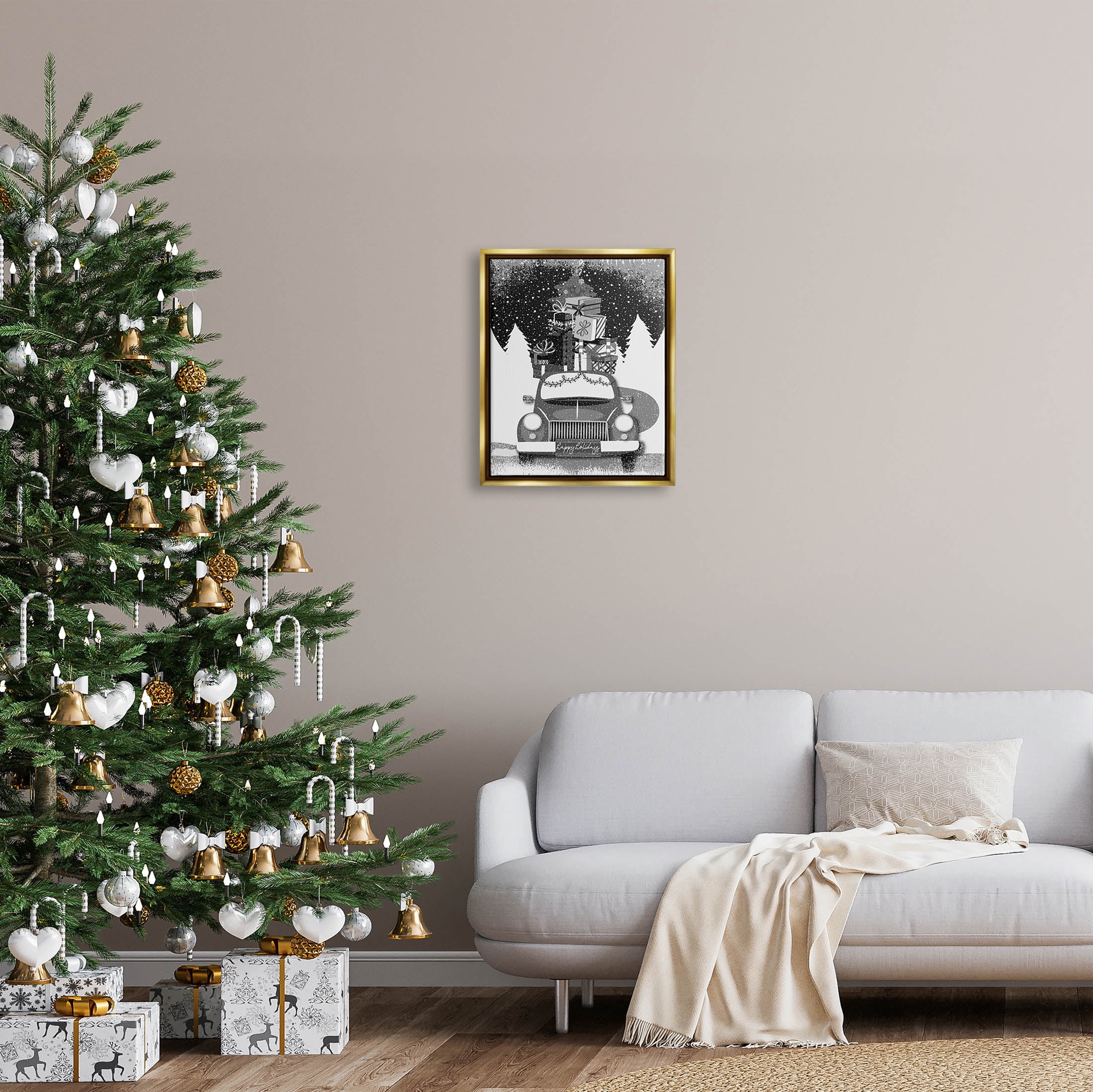 Stupell Industries Happy Holidays Gifts Car Graphic Art Metallic Gold Floating Framed Canvas Print Wall Art, Design by Andrea Jasid Grassi