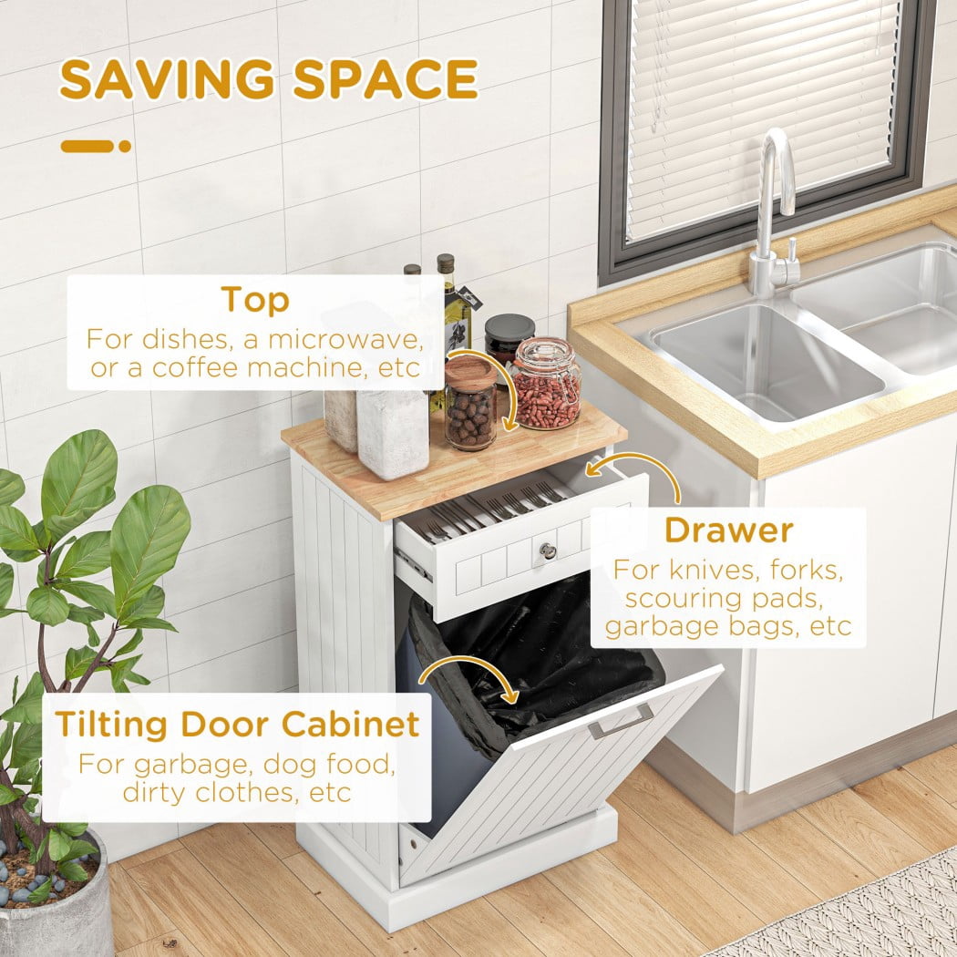 Kitchen Tilt Out Trash Cabinet, Freestanding Garbage Can Cabinet with Drawer, Recycling Bin Holder, Pet Proof Trash Storage, White
