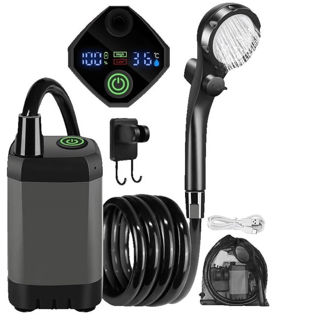 Quinlirra Clearance Portable Rechargeable Outdoor Camping Shower Pump with 6000mAh Battery LED Display Adjustable Water Output Multi-Functional Filter for Camping Hiking Beach Trip Pet Cleaning