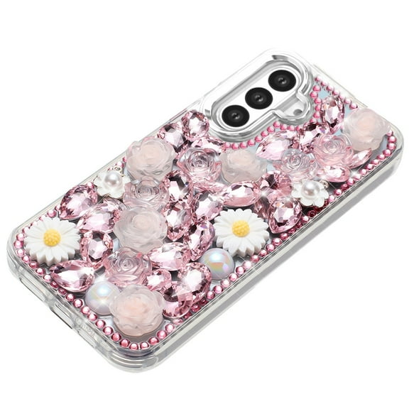 For Samsung Galaxy S23 Case, Fashion Daisy Floral Series, Full 3D Bling Crystal Diamonds Sparkling Rhinestone Glitter Hybrid Design Phone Cover (Pink)