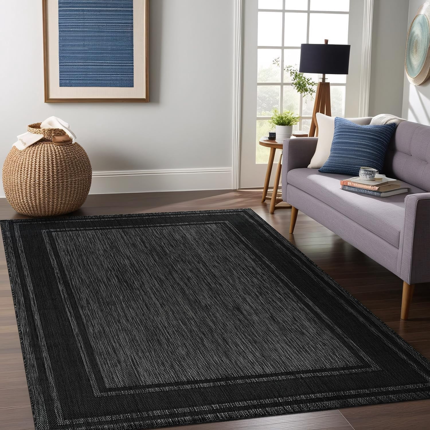Beverly Rug Floral Bordered Washable Outdoor Indoor Area Rugs 10x14 Black