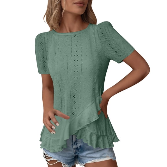 Iyufng Blouses for Women Short Sleeve Round Neck Shirts Summer Casual Ruffled Hem Tops