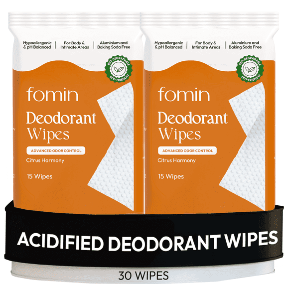 FOMIN Acidified Deodorant Wipes For Women - 30 Count - Citrus Harmony – Hypoallergenic, pH Balanced Whole Body Wipes - Plastic-Free, Exfoliating & Advanced Odor Control Underarm Body Wipes
