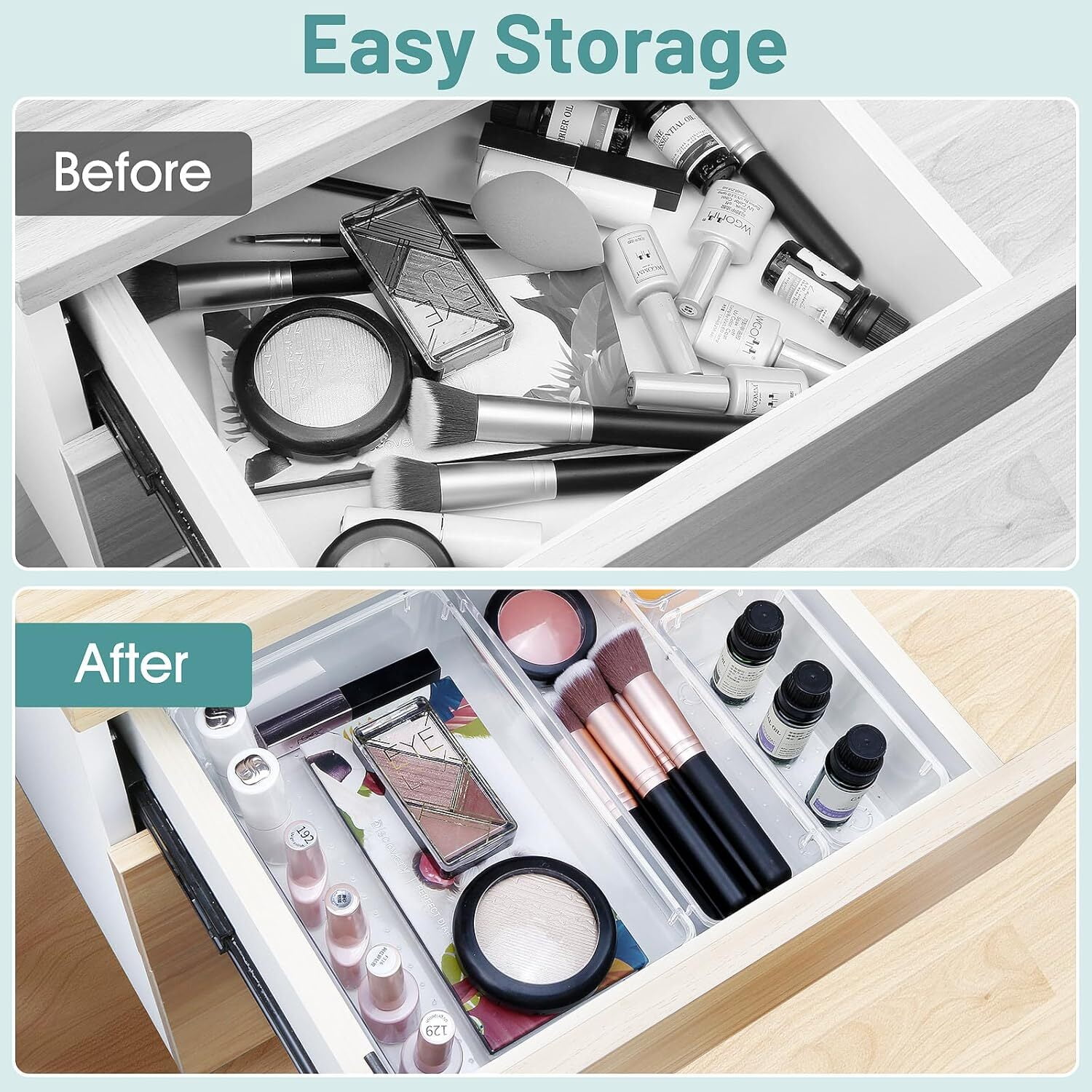 GoXteam Drawer Organizer, 8 Pack Large Clear Plastic Kitchen Drawer Organizers Set, 1 Size Versatile Bathroom and Vanity Drawer Organizer Trays, Storage Bins for Makeup, Bedroom, Kitchen Utensils