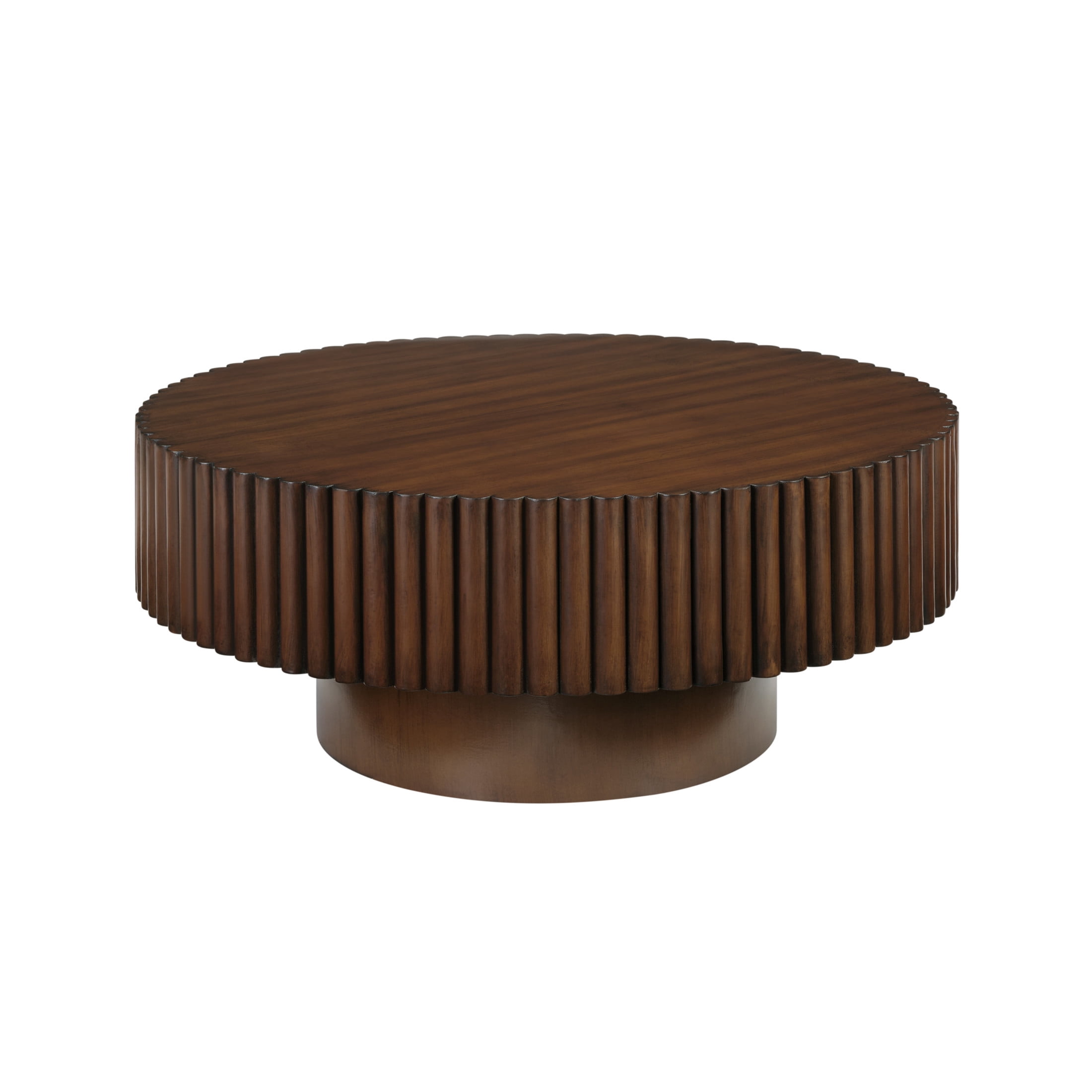 Noble House 31.5" Round Fluted Drum Coffee Table, Solid Wood Modern Center Table for Living Room, Walnut