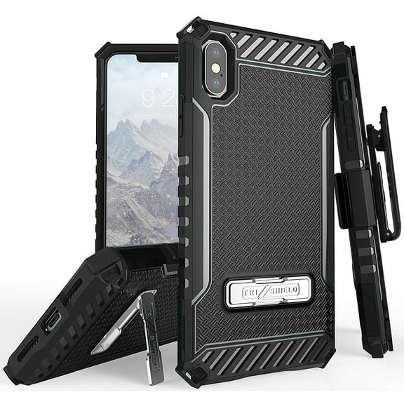 Case with Clip for iPhone Xs Max, Black Tri-Shield Rugged Cover and Belt Hip Holster [with Metal Kickstand   Wrist Strap Lanyard] for Apple iPhone Xs Max (Size 6.5" model) (iPhone 10s Max)