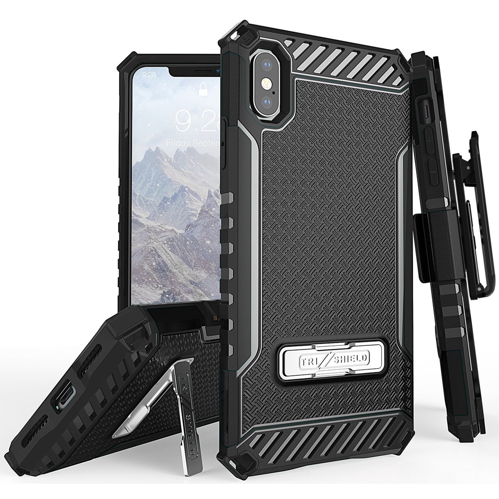 Case with Clip for iPhone Xs Max, Black Tri-Shield Rugged Cover and Belt Hip Holster [with Metal Kickstand + Wrist Strap Lanyard] for Apple iPhone Xs Max (Size 6.5" model) (iPhone 10s Max)