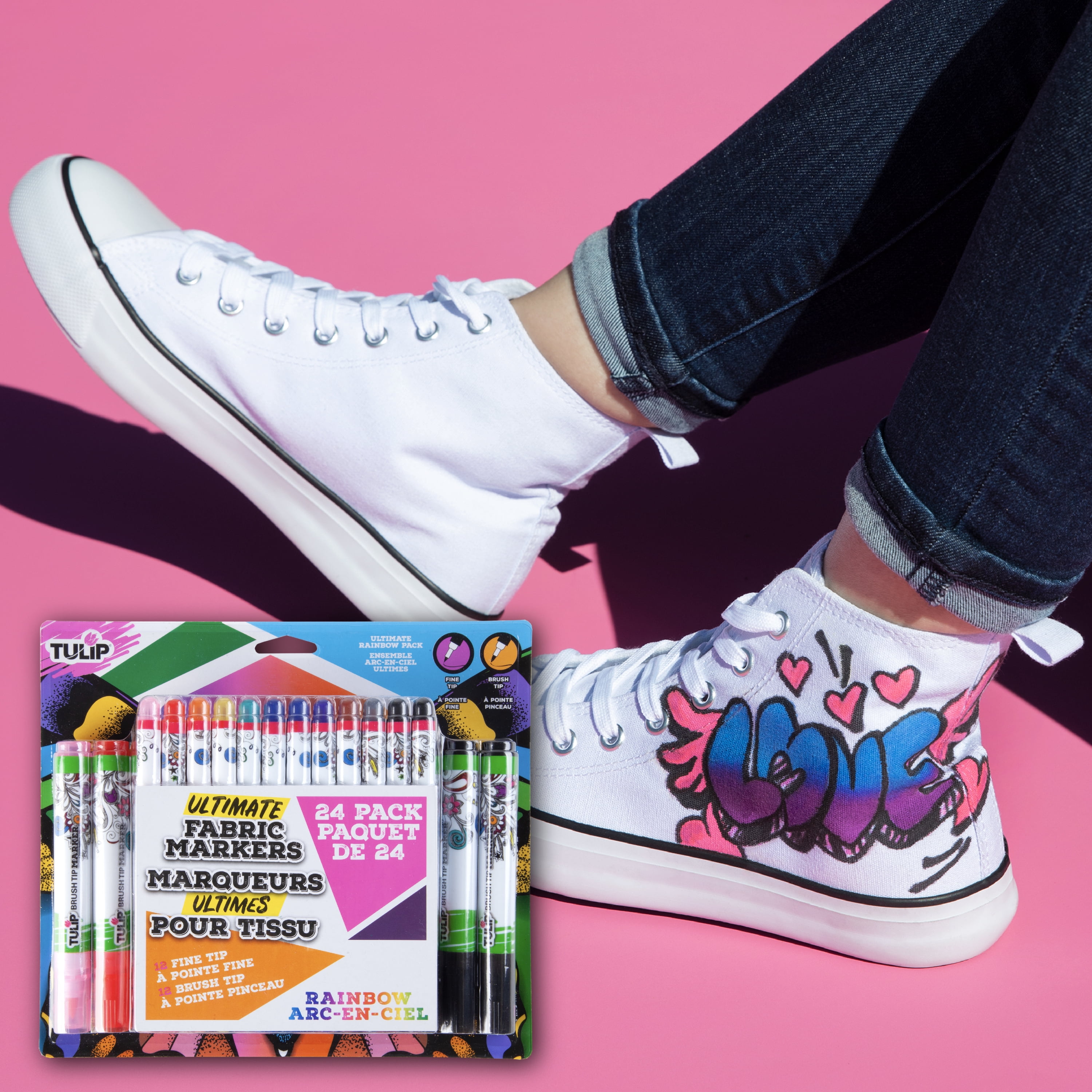 Tulip Fine Tip & Brush Tip Fabric Markers Ultimate Rainbow 24-Pack - Permanent Fabric Pen Set