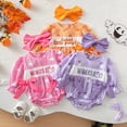 thumbnail image 5 of KPOPLK Newborn Baby Girl Fall Outfit Letter Print Long Sleeve Jumpsuit Bubble Romper Infant Clothing Set with Headband(6-9 Months,Pink), 5 of 9