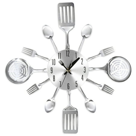 Tone Clock Circuit - Unique Creative Mute Kitchen Utensils Toned Forks Spoons Spatulas Wall Clock Gift - Silver