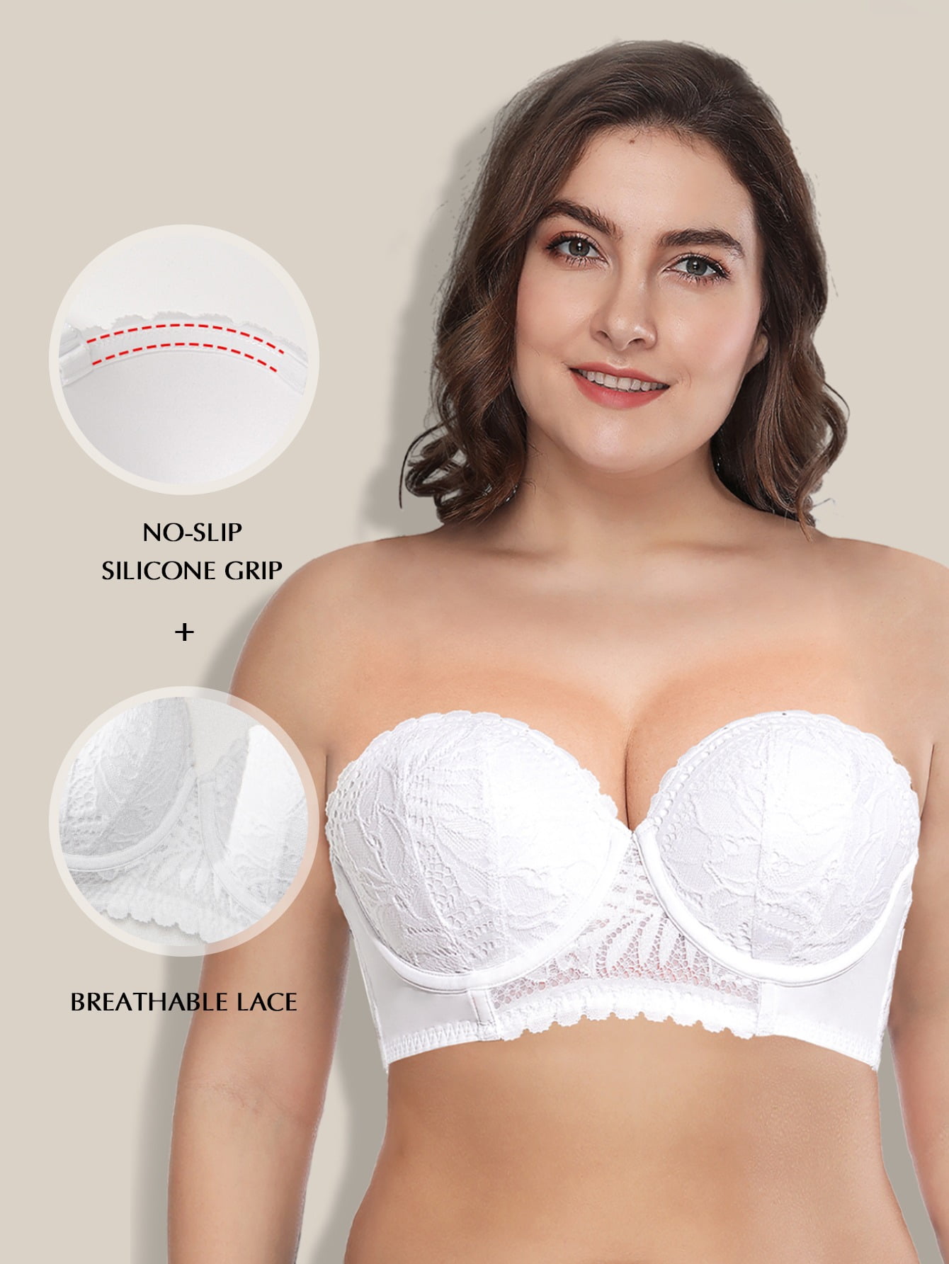 Deyllo Women's Push Up Strapless Bra Plus Size Lace Underwire Full Coverage  Multiway Invisible Bras,White 36DD 