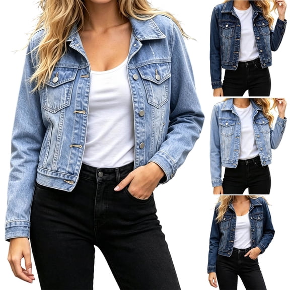 Rciityk Women's Cropped Denim Jackets Classic Lapel Collar Button Down Long Sleeve Jean Coat with Pockets, Size S-3XL