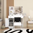thumbnail image 4 of Makeup Vanity Desk with Fold-up Panel, Makeup Table with LED Lighted Mirror 2 Drawers & 1 Cabinet Vanity Desk Set with Power Outlet, Storage Cushioned Stool for Bedroom Dressing Room (White), 4 of 7