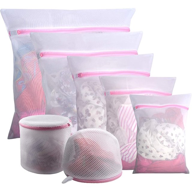 Bolsas de lavandería de malla de 7 piezas, bolsa de lavadora duradera reutilizada rosa