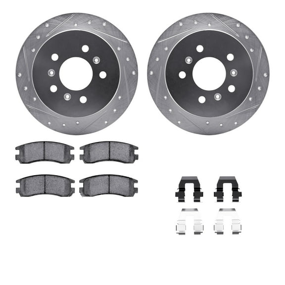 Dynamic Friction Company Rear Brake Rotors-Drilled and Slotted-Silver with 5000 Advanced Brake Pads includes Hardware 7512-45002