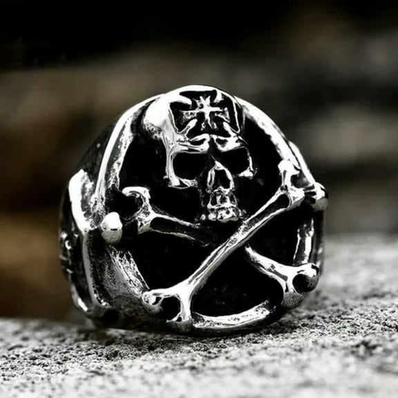 K-KED Gothic Cross Bone Skull Head Ring Stainless Steel Men's Delicate Jewelry Biker Punk Ring-9