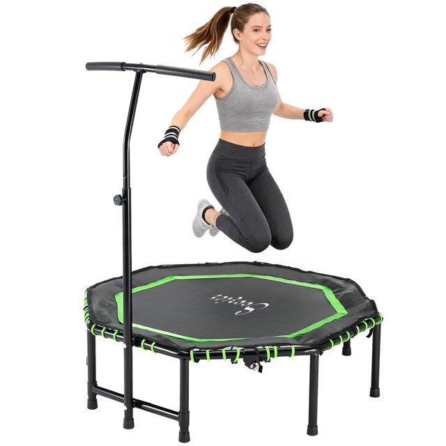Soozier Mini-Trampoline Pliable de 48 Pouces avec Guidon en T Ajustable pour la Mise en Forme et l'Exercice des Adultes, Tapis en Acier Vert et PP, Usage Intérieur/extérieur, 48 Pouces x 48 Pouces-54,3 Pouces H