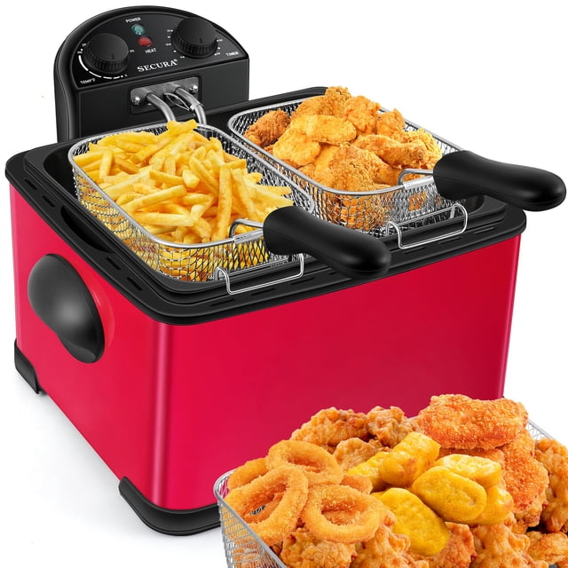 Secura 4 Liters / 17-Cup Stainless-Steel 1700-Watt Electric Deep Fryer with Timer Free Extra Odor Filter, Triple Basket, 4.5 Quarts, Red