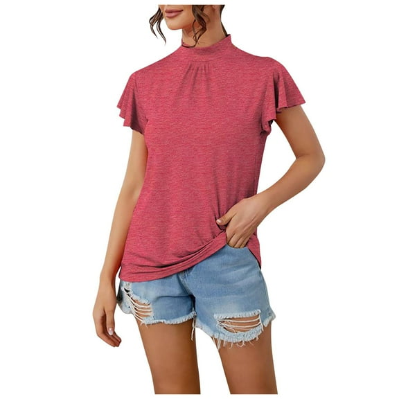 fatyb Womens Tops Mock Neck Ruffle Short Sleeve Tee Shirts Loose Casual Summer Tunic Blouses for Women