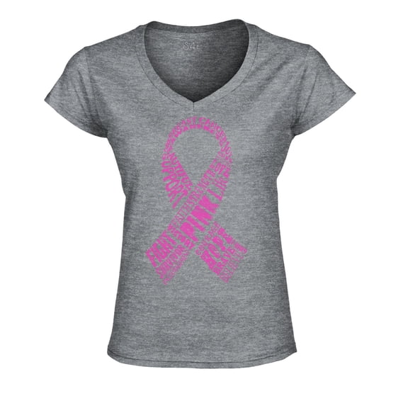 S4E Women's Pink Ribbon Word Montage Slim Fit V-Neck T-Shirt X-Large Sports Grey