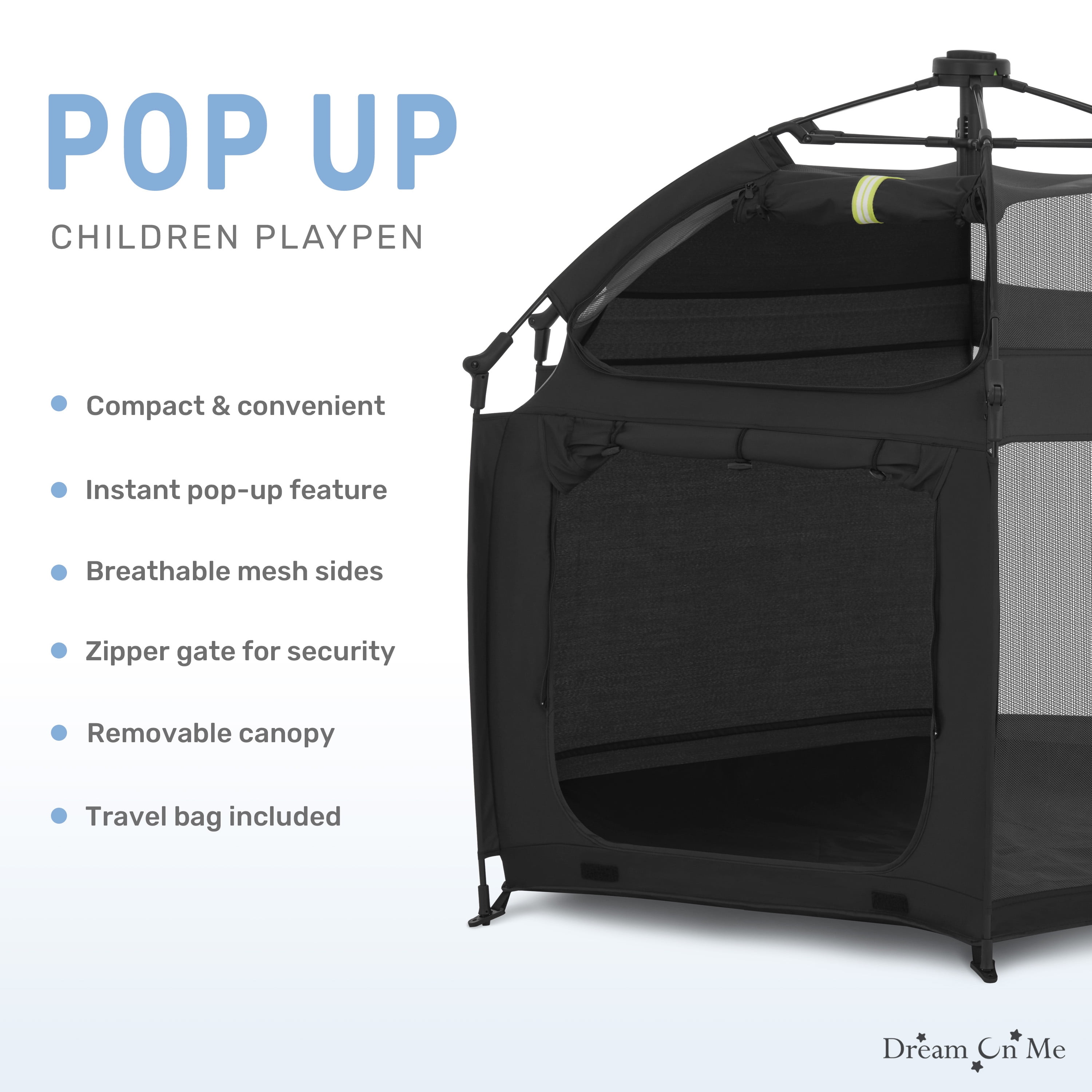 Dream On Me Pop Up Children Playpen, Easy Set-Up- Indoor Play House and Outdoor Play Tent with Canopy Cover, Black