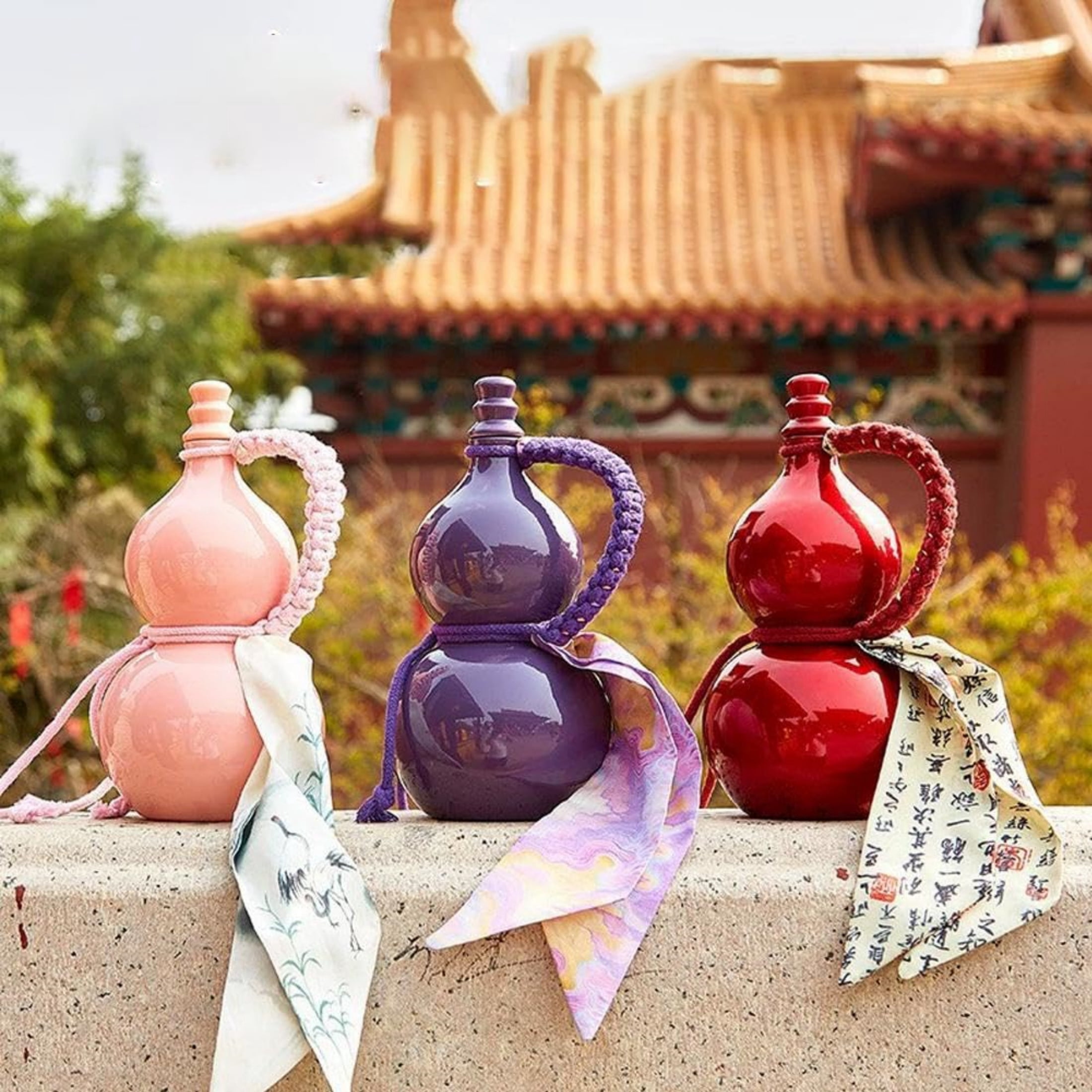 Glass Gourd Water Bottle with Tassel, Decorative Cultural Drinkware for Home Decor - Pink