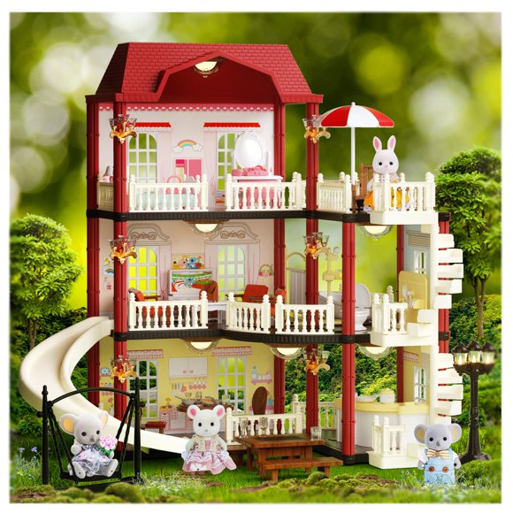 MITCIEN Ensemble de Jeu de Maison de Poupée Petites Créatures Poupées Lapin pour Filles avec Piscine et Glissade Jouets Familiaux pour Tout-Petit Fille de 5 Ans et Plus