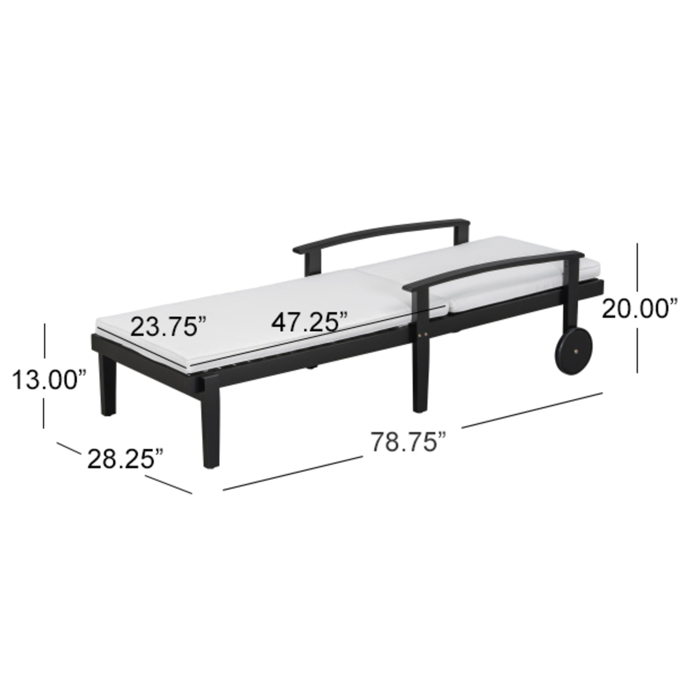 Drezden Outdoor Patio Chaise Lounge with Castors, Acacia Wood, Black + White