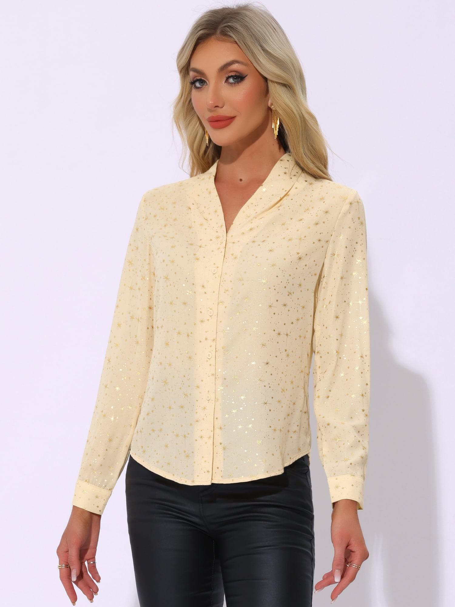 DARING DIVA Stand Collar Metallic Dots Stars Blouse Top M Beige