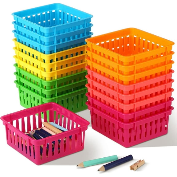 18 Pcs Colorful Small Plastic Baskets Classroom Storage Bins Crayon and Pencil Baskets 5.3 x 5.3 In