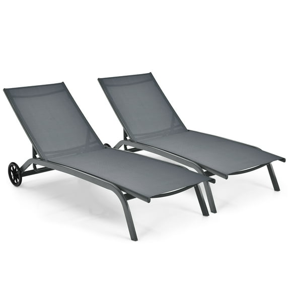 Costway 2PCS Patio Lounge Chair Chaise Adjustable Back Recliner W/Wheels Grey