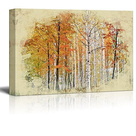 wall26 Canvas Print Wall Art Paint Splatter View of Autumn Birch Trees Nature Wilderness Photography Realism Rustic Scenic Colorful Multicolor for Living Room, Bedroom, Office - 32"x48"