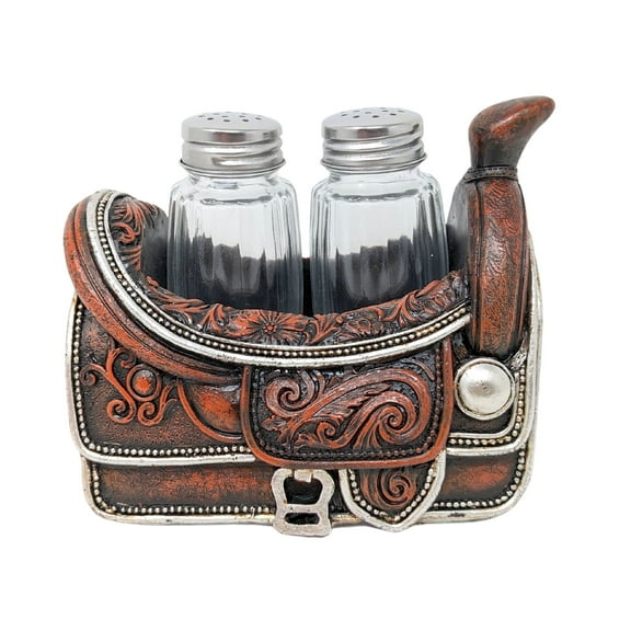 Tooled Leather Saddle-Inspired Salt and Pepper Shaker Holder Set for Western Kitchen Decor, Lodge Decor, Horse Lovers Gifts, and Rustic Cabin and Country Kitchen Accessories
