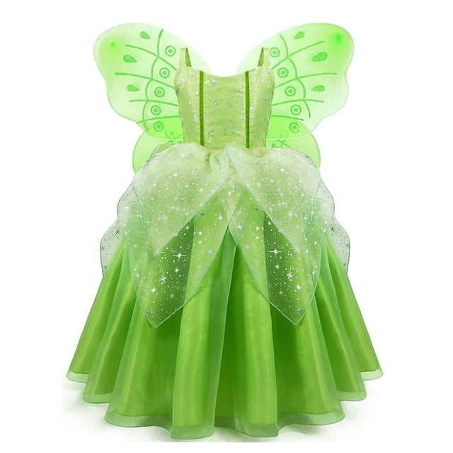 KAWELL Princess Robe de Fête Costume pour Petites Filles Chic Noël/halloween Enfant Jeu de Rôle Jupe Fée Verte avec Ailes,7/8