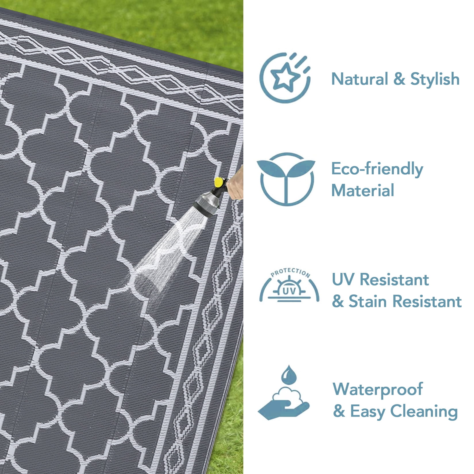 CAROMIO Gray Moroccan Outdoor Area Rug 9x12 ft Waterproof Reversible Plastic Mat for Camping RV Picnic