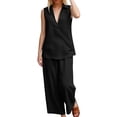 thumbnail image 4 of Enjoytime Travel Outfits for Women Collared V-Neck Sleeveless Beach Vacation 2 Piece Sets Wide Leg Pants Matching Set, 4 of 8